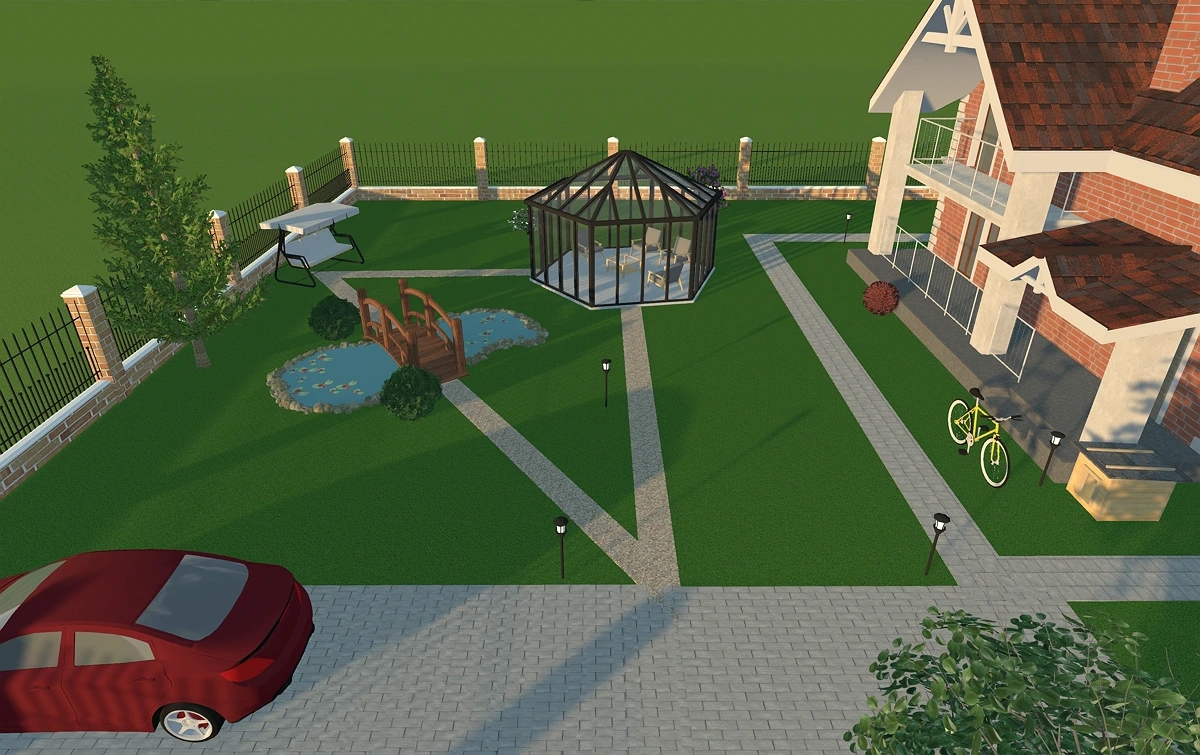 Backard with a pergola and pond