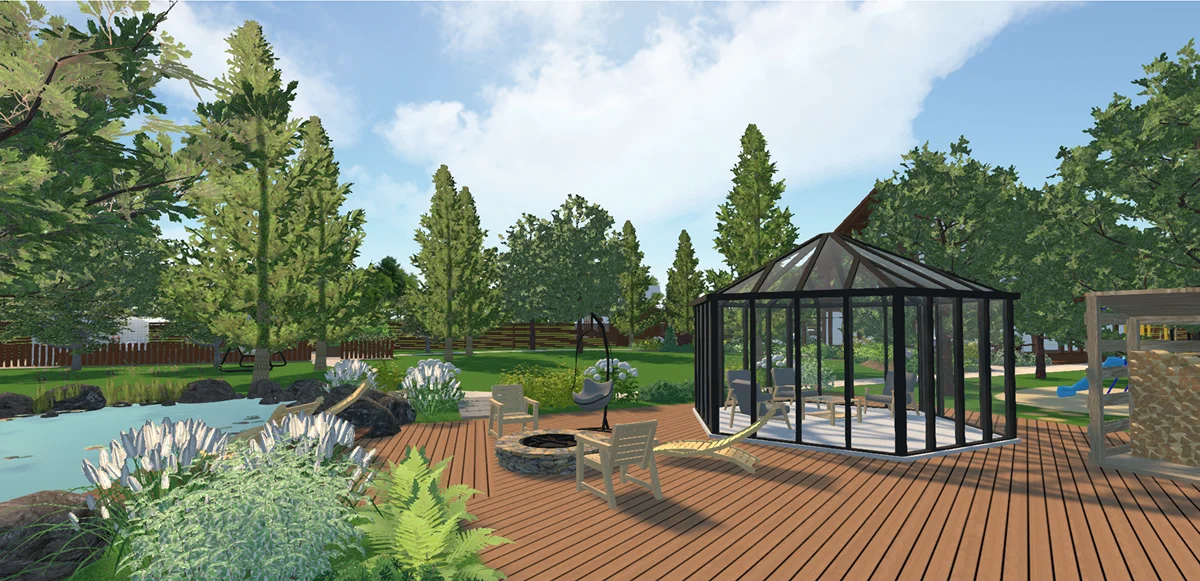 Glass gazebo on wooden deck