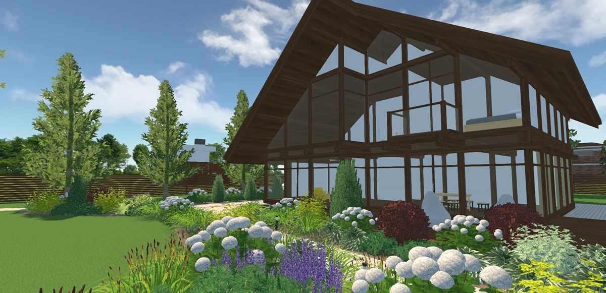 Modern glass house with garden