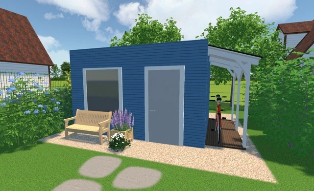 Blaues Gartenhaus mit Flachdach