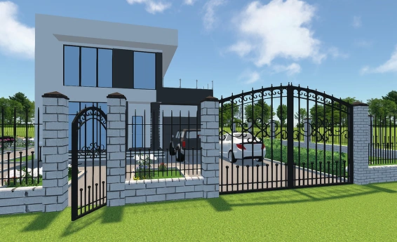 Fence with metal panels and brick pillars