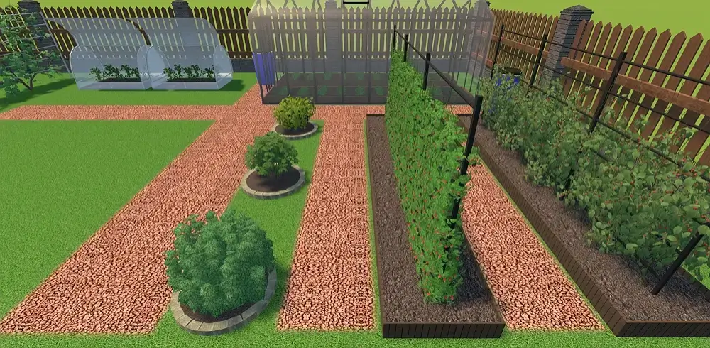 Dark brown expanded clay paths between beds