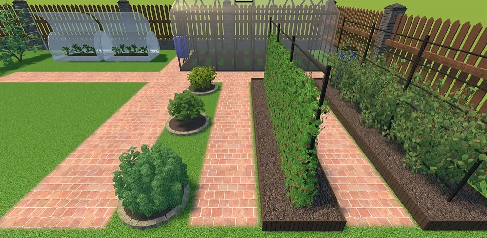Orange cobblestone paths between flower beds