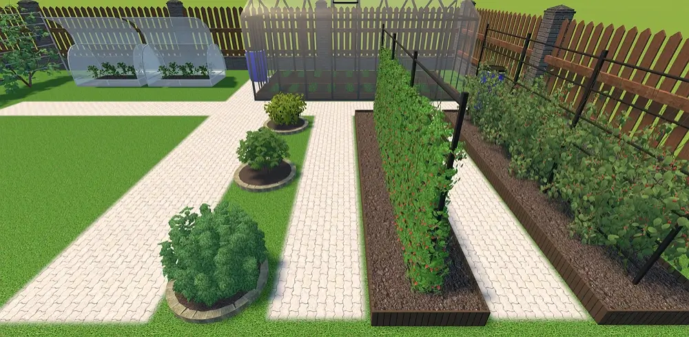 Paths between flower beds made of light gray pavers