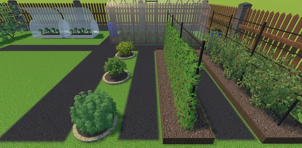 Asphalt paths between beds