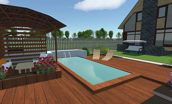Rectangular pool with a wooden deck